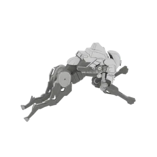 3D render of a futuristic mechanical quadrupedal scout with articulated limbs and armored body, shown in a dynamic pose.