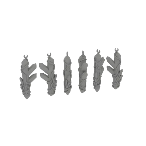 A set of six 3D models of fantasy crystal shards with vines, rendered in gray, arranged in a row.