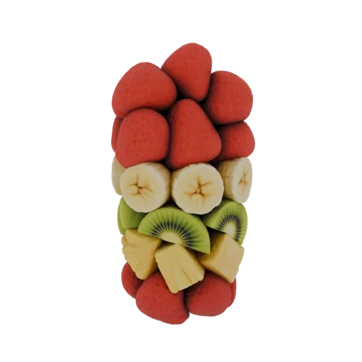 A 3D model of a fruit salad, featuring layers of strawberries, banana slices, kiwi slices, and pineapple chunks.