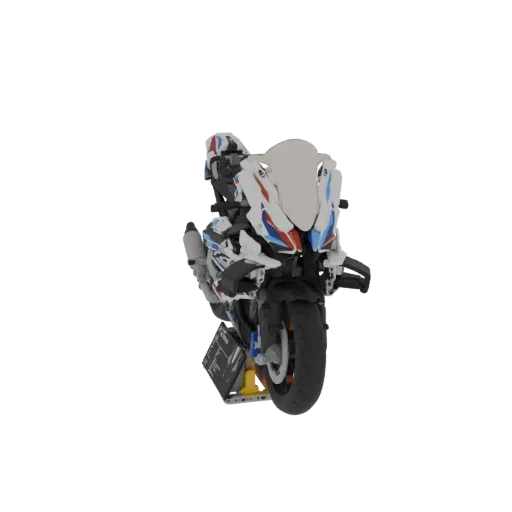 Front view of a detailed 3D model of a white, blue, and red BMW M 1000 RR superbike on a display stand.