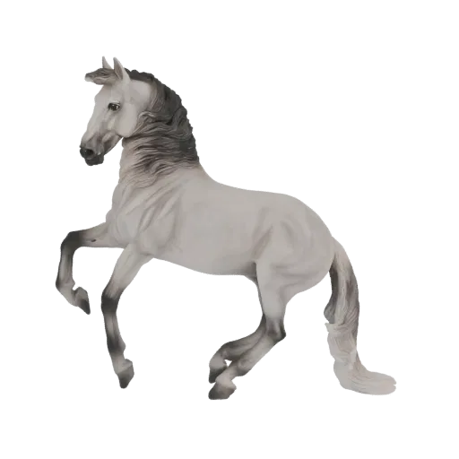 3D model of a grey horse in a dynamic galloping pose, with its mane flowing and legs extended.