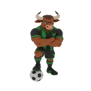3D model of a muscular brown bull mascot wearing a black and green soccer uniform, arms crossed, with one foot on a soccer ba