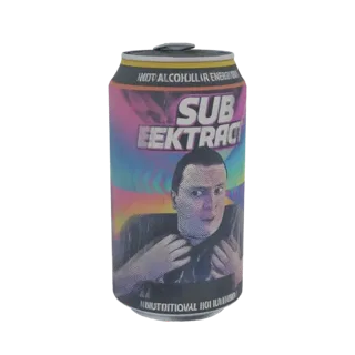 Modelo 3D de lata de bebida energética Sub Eektract con diseño colorido y retro y retrato pixelado.