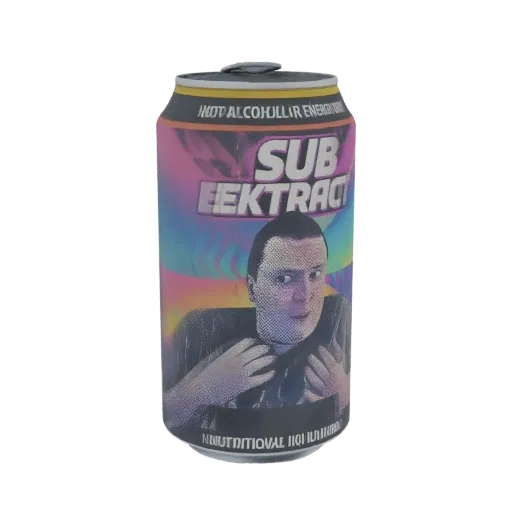 Modelo 3D de lata de bebida energética Sub Eektract con diseño colorido y retro y retrato pixelado.