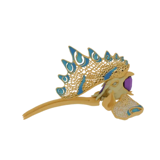 3D model of a Coq Diadem, featuring a gold-toned rooster comb with blue enamel accents, inspired by René Lalique.