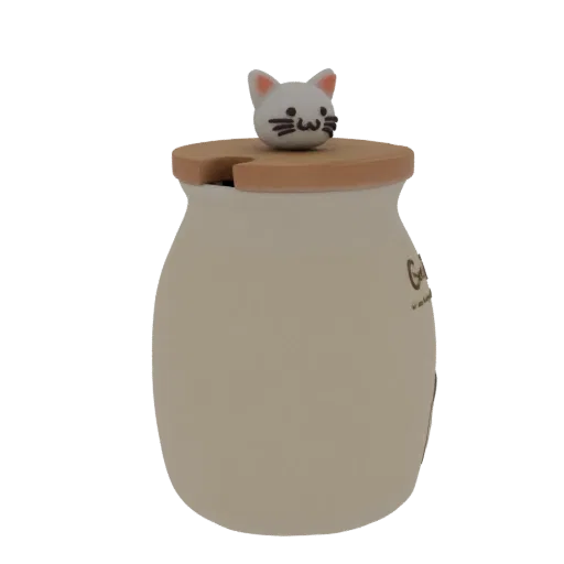 3D model of a beige pudding jar with a wooden lid and a cute white cat figurine on top, against a white background.