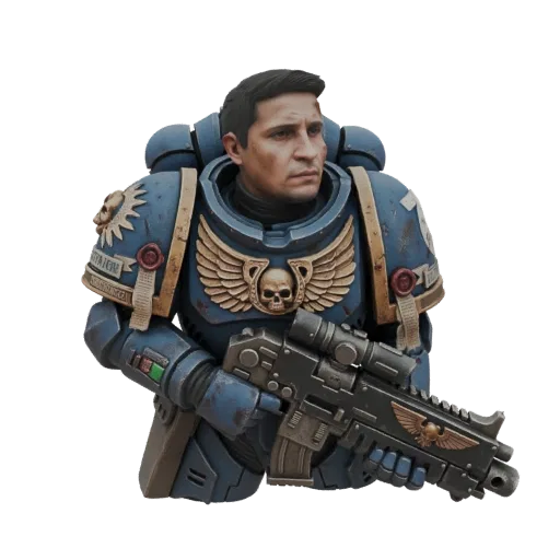 3D model of a Space Marine soldier in blue power armor, holding a bolter rifle, with a determined expression.