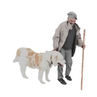 3D-Modell-Rendering eines alten Schäfers in Barett und Mantel, mit der Hand auf einem großen Hund, der einen Wanderstock hält