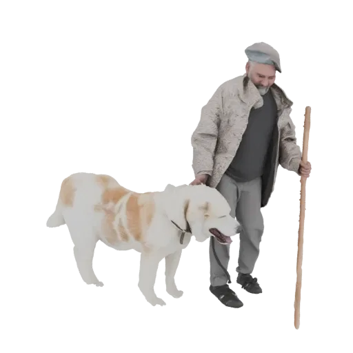 3D model render of an elderly shepherd in a beret and coat, with his hand on a large dog, holding a walking stick.