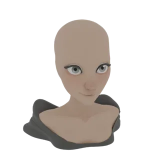 3D-Render einer stilisierten weiblichen Charakterbüste mit großen Augen, heller Haut und einem dunkelgrauen Schal, der sich u