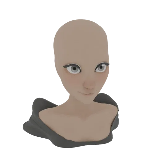 3D render of a stylized female character bust with large eyes, light skin, and a dark grey shawl draped around her shoulders.