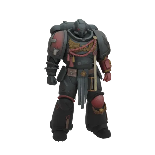3D-Modell eines Warhammer 40.000 Space Marine Captains in dunkler Energierüstung mit roten und goldenen Akzenten, der stoisch