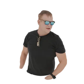 Modello 3D di uomo con t-shirt nera e occhiali da sole blu, con ciondolo, in posa casual.