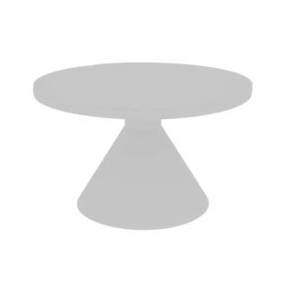 A 3D render of a modern, light gray pedestal dining table with a circular top and a conical base, set against a black backgro