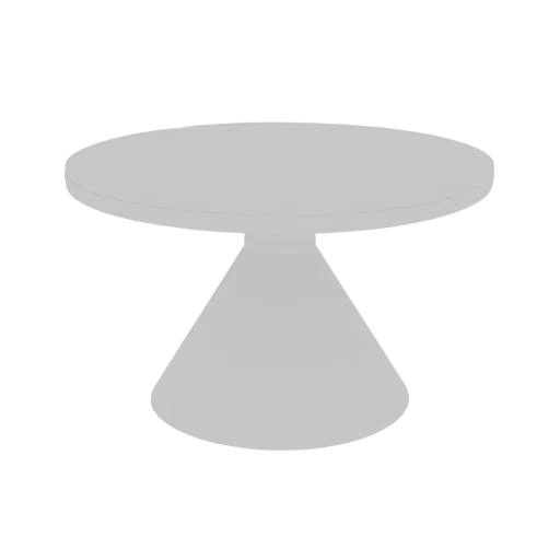 A 3D render of a modern, light gray pedestal dining table with a circular top and a conical base, set against a black backgro