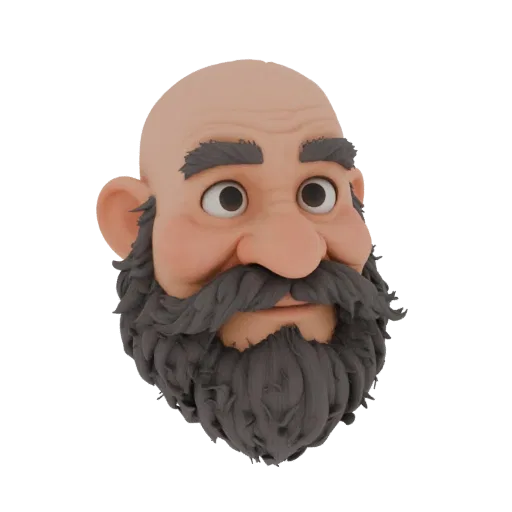 3D model of an elderly man's head with a grey beard, kind eyes, and a slight smile, rendered in a clay sculpting style.