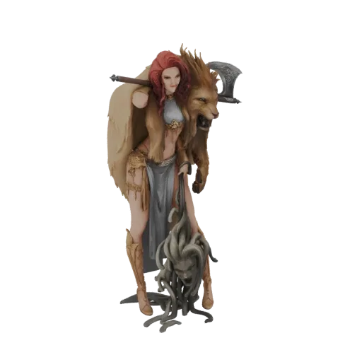 3D model of a fierce female warrior with red hair, wearing a wolf pelt and armor, holding an axe and Medusa's severed head.