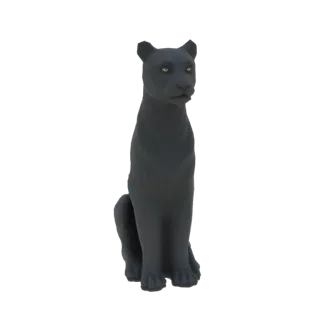 3D model of a black panther sitting upright with its tail curled around its paws, looking forward with golden eyes.