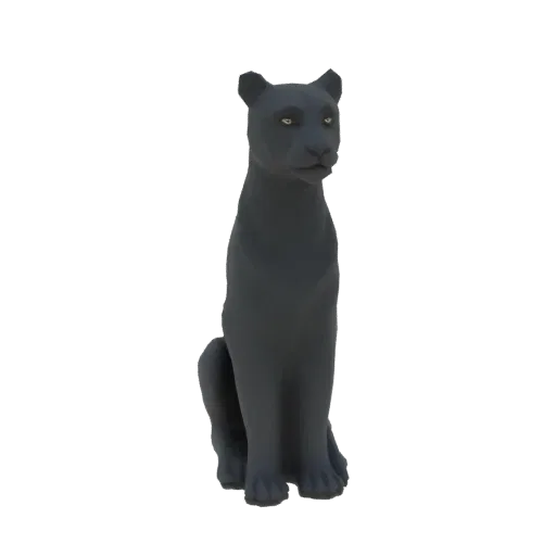 3D model of a black panther sitting upright with its tail curled around its paws, looking forward with golden eyes.