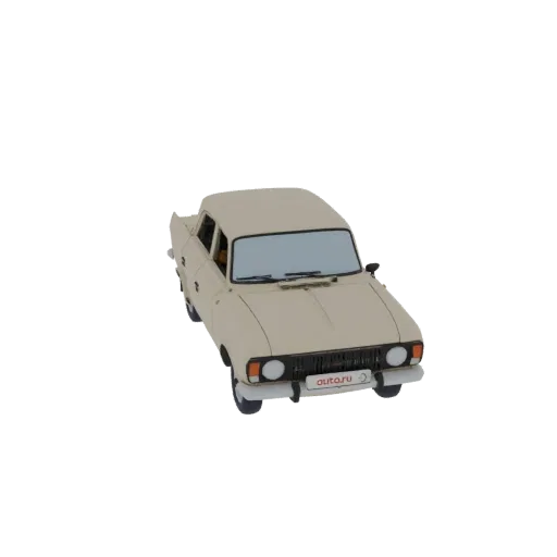 A 3D model render of a classic beige sedan, viewed from a slightly elevated front-right angle against a black background.
