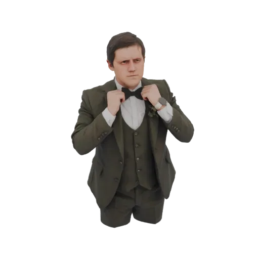 Modello 3D di un uomo in smoking scuro e camicia bianca, che si aggiusta il papillon nero con espressione concentrata.