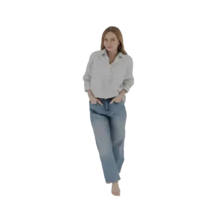 3D model of a young woman with long blonde hair, wearing a white shirt and blue jeans, standing with hands in pockets.
