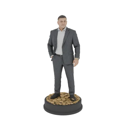 3D model of a man in a grey pinstripe suit standing on a cobblestone base, with one hand in his pocket.