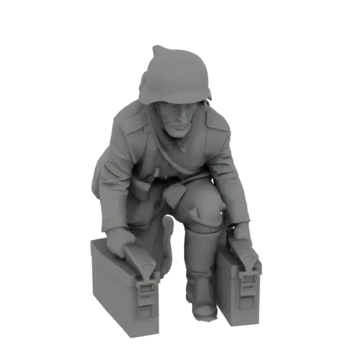 3D model of a soldier kneeling with two ammo boxes, wearing a helmet and tactical gear.