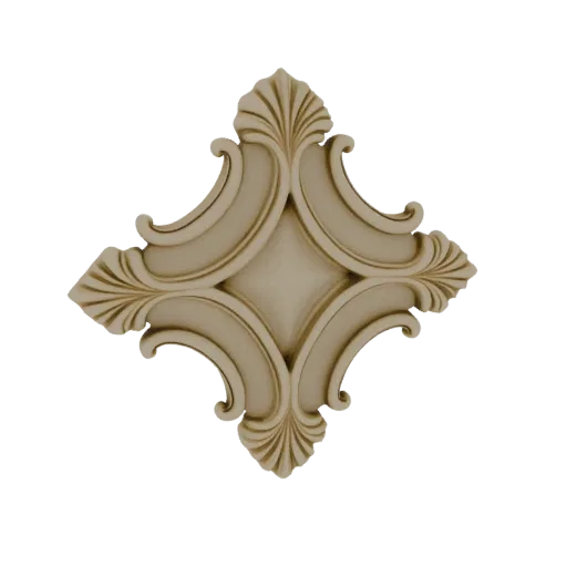 A 3D render of a decorative medallion with intricate acanthus leaf scrollwork and a central diamond shape, set against a blac