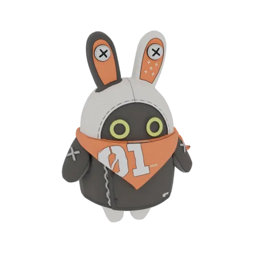 Renderização 3D de um personagem fofo Coelho Robô com moletom branco, corpo cinza e bandana laranja com '01', contra um fundo branco.