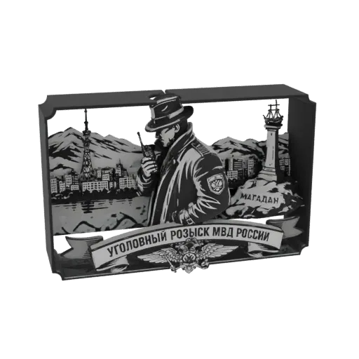 Modelo 3D de un detective de Investigación Criminal Rusa con sombrero fedora y gabardina, sosteniendo una radio, con un fondo