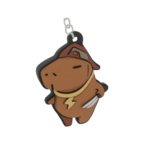 3D model of a cute brown capybara warrior with a knife and hat, depicted as a keychain charm.