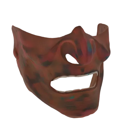 3D model of a red and blue textured Samurai Hannya mask with a fierce expression and open mouth.