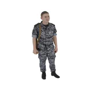 3D model of a soldier in a grey and black camouflage uniform with a brown shoulder bag, standing against a white background.