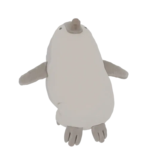 Modelo 3D de un lindo peluche de pingüino de color claro con alas extendidas, visto desde un ángulo ligeramente elevado.