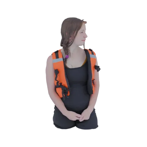 3D model of a young girl with braided hair wearing an orange life vest and black swimwear, looking to the side with her hands