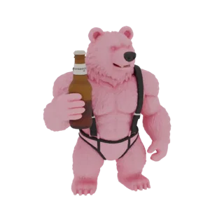 Una renderización 3D de un oso rosa musculoso sosteniendo una botella de cerveza, vistiendo tirantes y calzoncillos negros, s