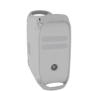 Modèle 3D de l'ordinateur de bureau Apple Power Mac G4 "Graphite", vu de côté et légèrement de derrière, montrant son design