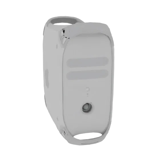 3D model of the Apple Power Mac G4 "Graphite" desktop computer, viewed from the side and slightly behind, showing its tower d
