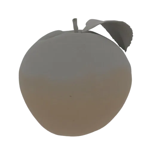 A 3D render of a stylized, matte gray apple with a stem and a single leaf, isolated on a white background.