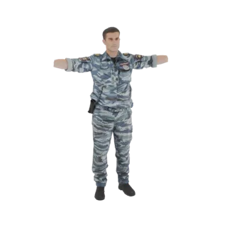 Modelo 3D de um policial russo em uniforme camuflado azul e cinza, em pose T contra um fundo branco.