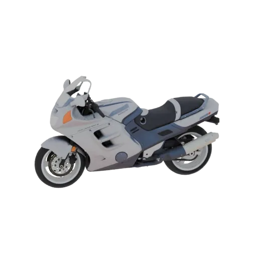 A 3D model of a silver and blue sport motorcycle with a black seat, viewed from the side.