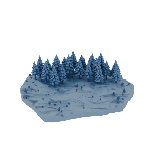 Snow Pine Forest Biome Printable 3D model, isometric tabletop STL render, showing terrain layers, terrain detail.