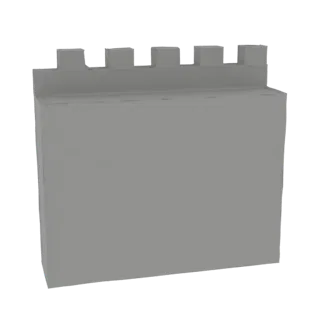 A 3D render of a grey castle wall section with crenellations, presented against a black background.