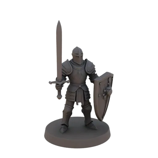 Miniatura STL de Paladín Medieval, render de mesa a tres cuartos, miniatura de héroe imprimible en resina con pose de pie; es