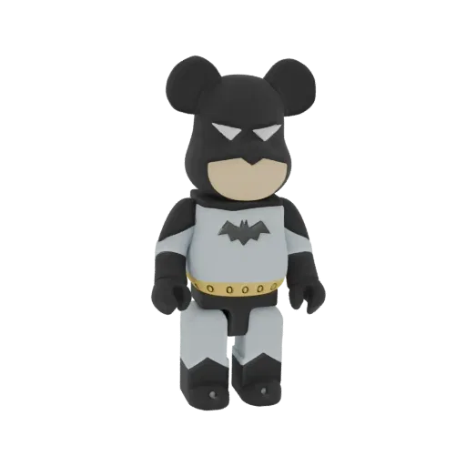 Un rendering 3D di un giocattolo Batman Bearbrick, con cappuccio e mantello neri, costume grigio con simbolo del pipistrello