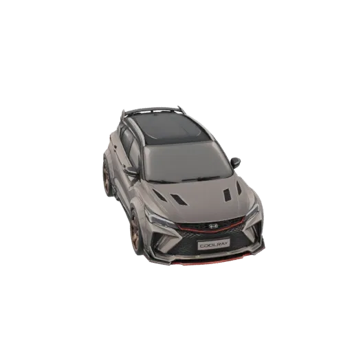 3D-Modell eines grauen, aggressiven SUVs mit sportlichem Design, markantem Kühlergrill und Motorhaubenentlüftungen.