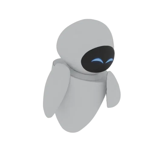 3D render of a cute, white robot character with a black face and large, expressive blue eyes, shown from a slight angle.