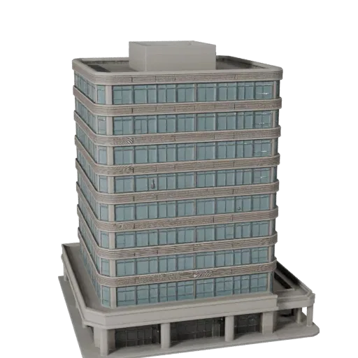 Modèle 3D STL de bureau de poste imprimable, vue isométrique, montrant les matériaux du bâtiment public et les détails archit