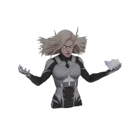 3D model of a female sorceress with blonde hair, glowing eyes, wearing silver and black armor, holding a glowing purple crystal orb.